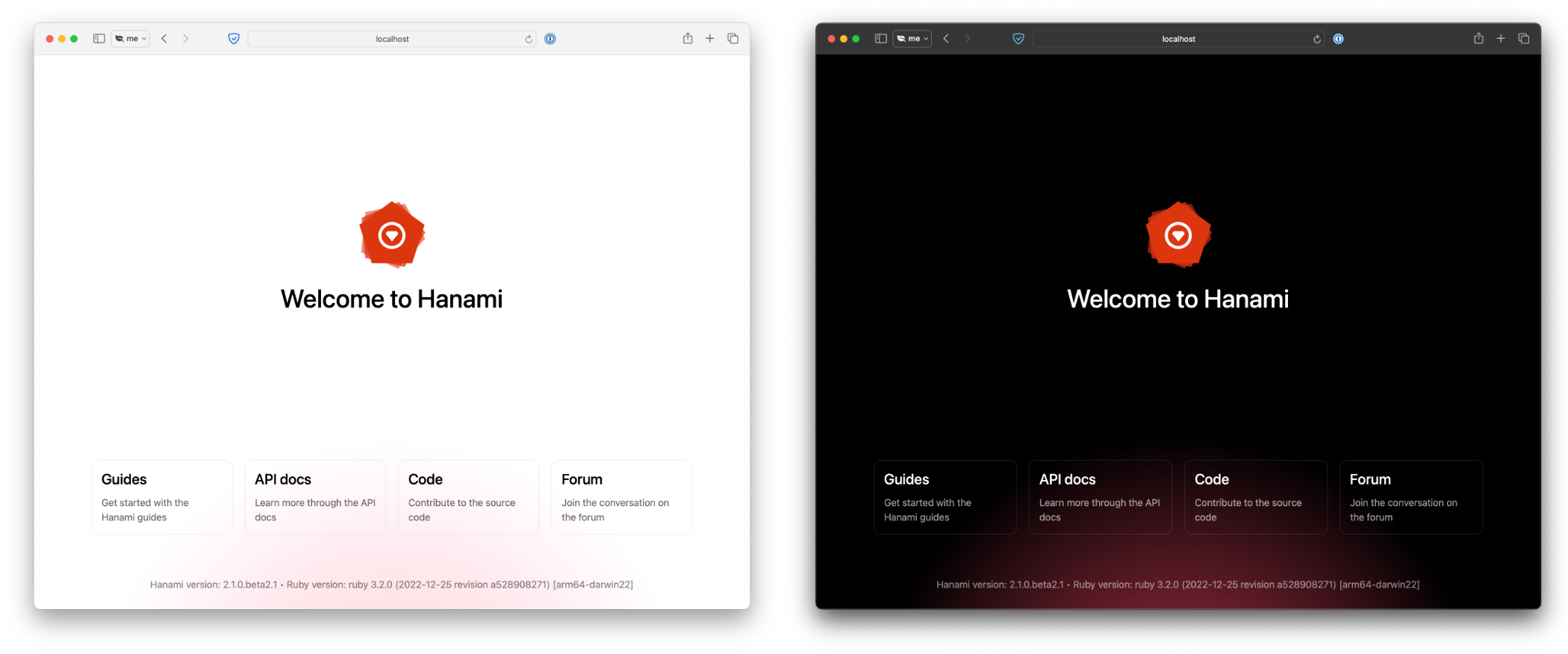 The new Hanami welcome page in light and dark mode